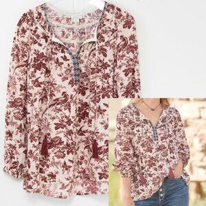 Sundance Lois Toile Top Peasant Tassels 100% Cotton Burgundy Cream Size Small